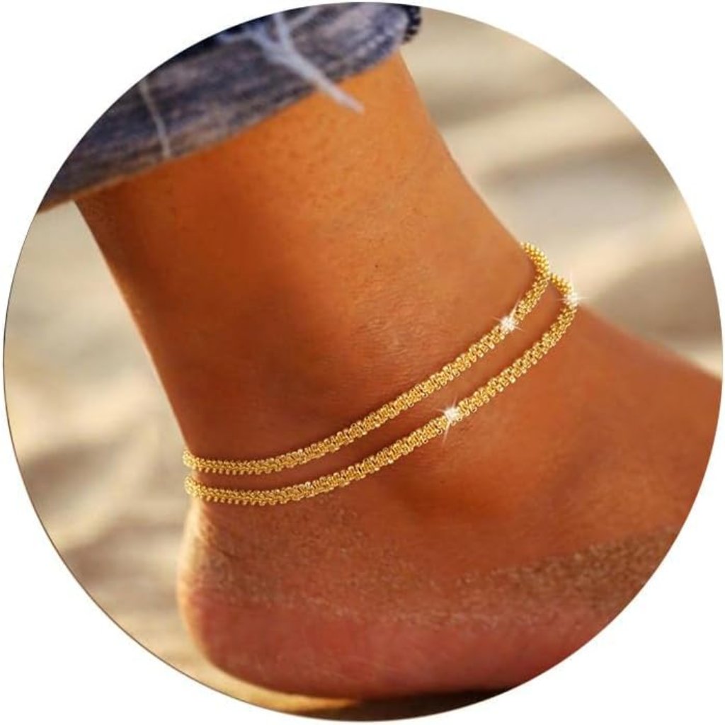 Ankle Bracelets For Women, Glitter Waterproof Adjustable Anklet For Women, 14k G